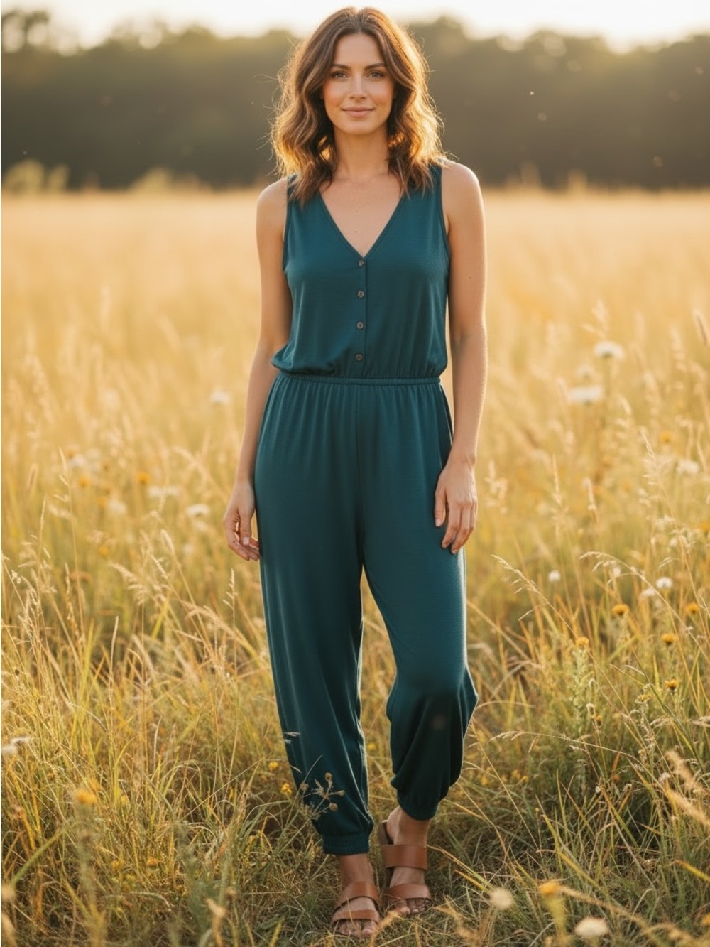 Earthbound Trading Company Teal Henley Style Sleeveless Jumpsuit